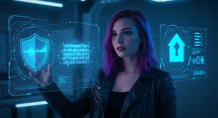 Poster - Cybersecurity Visionary: A woman with vibrant purple hair, focused and empowered, interacts with holographic security interfaces.