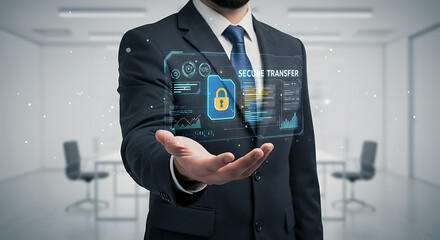 Poster - Cybersecurity and Professional: A sharply dressed businessman presents a holographic display of digital security.