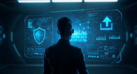 Poster - Cybersecurity Visionary: A silhouette of a person stands confidently before a futuristic digital interface, highlighting network protection and secure data transmission.