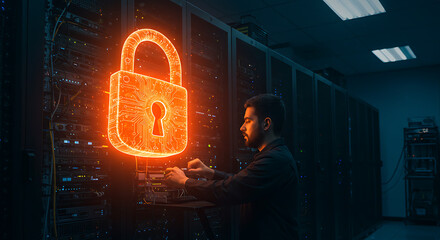 Poster - Secure Data Center: A determined technician meticulously works within a high-tech data center, an illuminated padlock hovering protectively over servers.