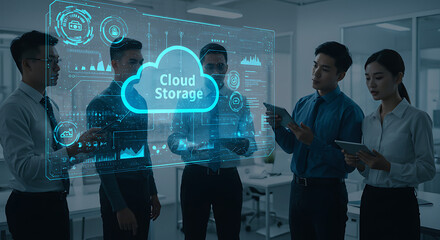 Poster - cloud storage discussion: a group of diverse professionals gather around a glowing holographic displ