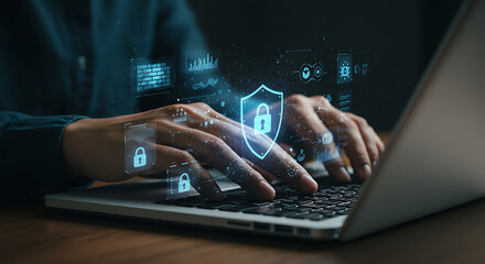 Poster - Cyber Security Shield: Hands actively engaged, typing on a laptop keyboard, surrounded by a digital shield, conveying security and the protection of information.