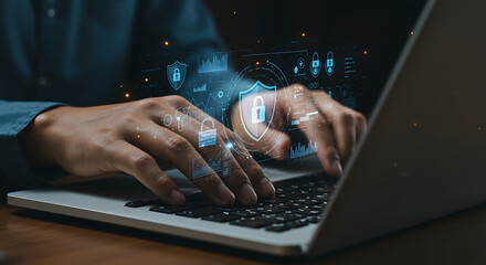 Poster - Digital Guardian: A close-up of hands typing on a laptop keyboard, overlaid with digital security elements symbolizing network protection and data safety.