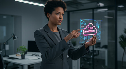 Poster - Cloud Management Expertise: A poised professional woman with short dark hair is immersed in the future of cloud computing.