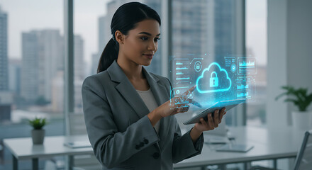 Poster - Smart Cloud Computing: A focused professional interacts with a digital cloud interface on a tablet, symbolizing data security and technological advancement in a modern office environment.