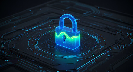 Poster - Digital Security: An eye-level perspective on a luminescent, glowing padlock hovering above a complex circuit board, symbolizing digital security and data protection.
