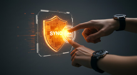 Poster - Secure Sync: Hands interacting with a holographic interface representing data synchronization, a fusion of technology and security in a cutting-edge digital environment.