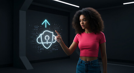 Poster - Cloud Security Interaction: A woman interacts with a futuristic holographic projection of a cloud security icon.