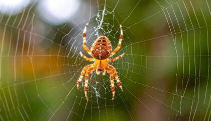 European garden spider building an intricate web in a green blurred background