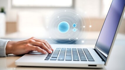 Innovative technology concept a person's hands typing on a modern laptop with a glowing digital network illustration overlay, symbolizing connectivity and data flow