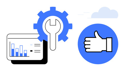 Poster - Gear with wrench symbol for tools, data chart for analytics, and thumbs-up for approval. Ideal for productivity, optimization, analytics, success, tools, decision-making and simple landing page