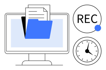Poster - Desktop monitor displaying a folder and documents, next to a recording indicator and clock. Ideal for digital organization, time tracking, productivity, file management, recording, project planning