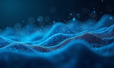 Poster - Abstract blue waves ripple across the screen, adorned with shimmering particles, creating a dynamic, futuristic digital landscape.