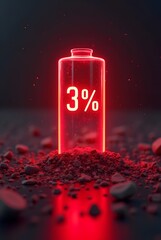 Poster - A vibrant red glowing battery displays a critical 3% charge level, vertical composition. This dramatic composition features a glass battery embedded in dark red rocks.