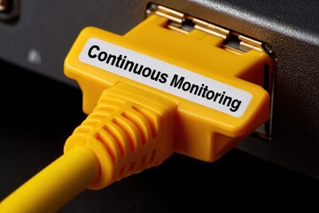Poster - Zero Trust Concepts. Yellow network cable labeled for continuous monitoring connected to a device.