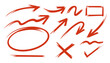 © JustPrint - Handdrawn red marker style arrows, circle, rectangle, X mark, checkmark, and various lines. Ideal for highlighting, directing attention, and corrections in presentations.
