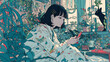 © 963k - 部屋の静寂の中、スマホに夢中になっている女性のイラスト。SNSや情報に囚われる現代的な生活習慣が、優しい色調の中に丁寧に描かれた作品。