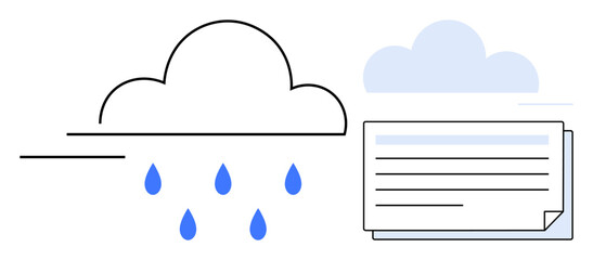 Poster - Cloud releasing blue droplets near a document stack, symbolizing cloud storage, data transfer, and online collaboration. Ideal for technology, communication, innovation, workplace, data management