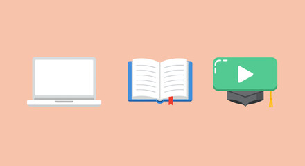 Flat vector illustration of a laptop, open book with a bookmark, and a graduation cap with a play button, representing online education.