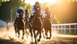 © Nilnal - Four thoroughbred racehorses and their jockeys sprint towards the finish line, kicking up dust