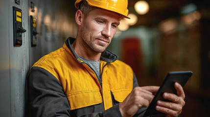 Poster - Worker in safety helmet uses tablet in industrial setting, showcasing focus on technology and maintenance