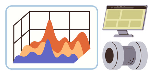 Poster - 3D graph with colorful waves, monitor with interface, cylindrical sensor. Ideal for data analysis, monitoring, technology, business intelligence, innovation research education. Simple flat metaphor
