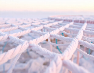 A close-up, low-angle view of a white rope net heavily coated in frost, set against a soft, pastel-colored sky at sunrise or sunset, evoking a sense of cold and intricate texture.