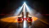 Roller skates on wooden floor under spotlight in skating rink