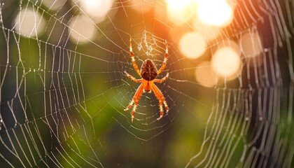 Spider in a web illuminated by sunlight creating a captivating scene