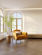 © LEKSTOCK 3D - A cozy and warm living room interior with natural light, wooden floors, and an armchair against warm white walls.3d render