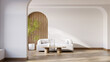 © LEKSTOCK 3D - Modern  mid-century interior living room with white sofa and wooden flooring on against warm white walls .3drender
