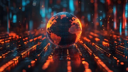 Poster - Futuristic financial charts flowing from a vibrant interconnected global globe