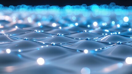 Poster - Abstract close-up of futuristic wave patterns with glowing blue lights and smooth surface creating a high-tech digital atmosphere
