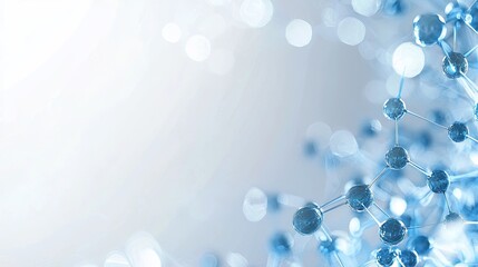 Poster - Abstract molecular structure with blue spheres and connecting strands on a light background representing scientific innovation and research