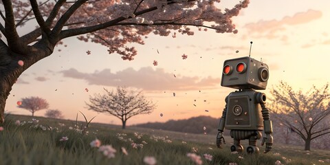 3d illustration of robot standing under cherry blossom tree in a peaceful spring landscape