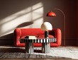 © std - Red sofa, black and white coffee table, warm interior