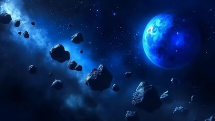 Wall Mural - Asteroids orbiting a blue planet in deep space