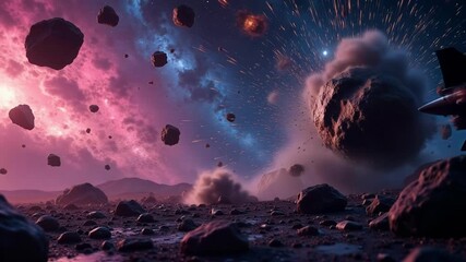 Wall Mural - Dynamic space flight through a vibrant nebula, asteroids colliding in a stunning cosmic ballet against a starry backdrop, 4k footage