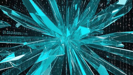 Abstract digital background with turquoise crystal shapes and binary code, creating a modern and technological atmosphere.