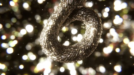 Abstract metallic spiral knot design against a bokeh background.