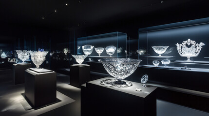 Elegant glass display showcasing various beautiful objects in a bright and modern environment