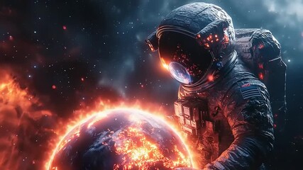 Wall Mural - Astronaut in space near a burning planet
