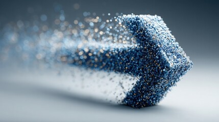 Poster - Blue arrow composed of tiny particles representing quantum trading flow with animated stream concept design