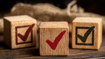 Poster - Wooden block with a check mark indicating success and assurance in resilient infrastructure scoring and evaluation model