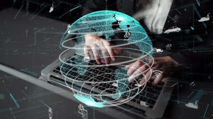 Poster - A professional woman interacts with a holographic globe and digital elements on a laptop, representing technological advancement and global connectivity in a modern workspace. Xenic