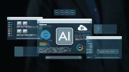 Poster - This image depicts a futuristic digital interface highlighting artificial intelligence analytics, showcasing modern data representation tools for businesses and tech enthusiasts. Qubit