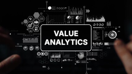 Poster - Hands Analyzing Value Analytics Data on a Dark Background with Graphs and Icons for Business Insights and Decision Making. Asymptotic smart data analytic.
