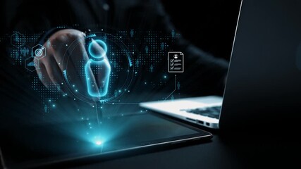 Poster - This image showcases a futuristic digital interface with a holographic design, emphasizing technology and data visualization in a modern workspace setting. Qubit