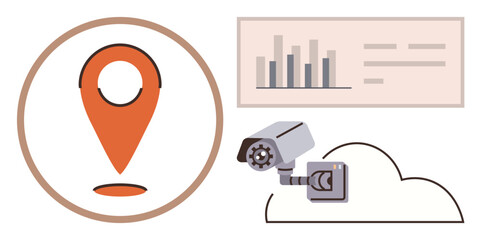 Poster - Location pin, surveillance camera, data chart, and cloud outline depicting tracking, monitoring, and analysis. Ideal for security, technology, data analysis GPS business cloud computing research