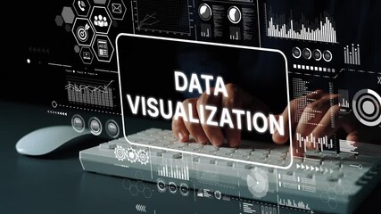 Poster - Hands on Keyboard Creating Data Visualization with Digital Graphs and Charts in Modern Workspace Concept. Asymptotic smart data analytic.